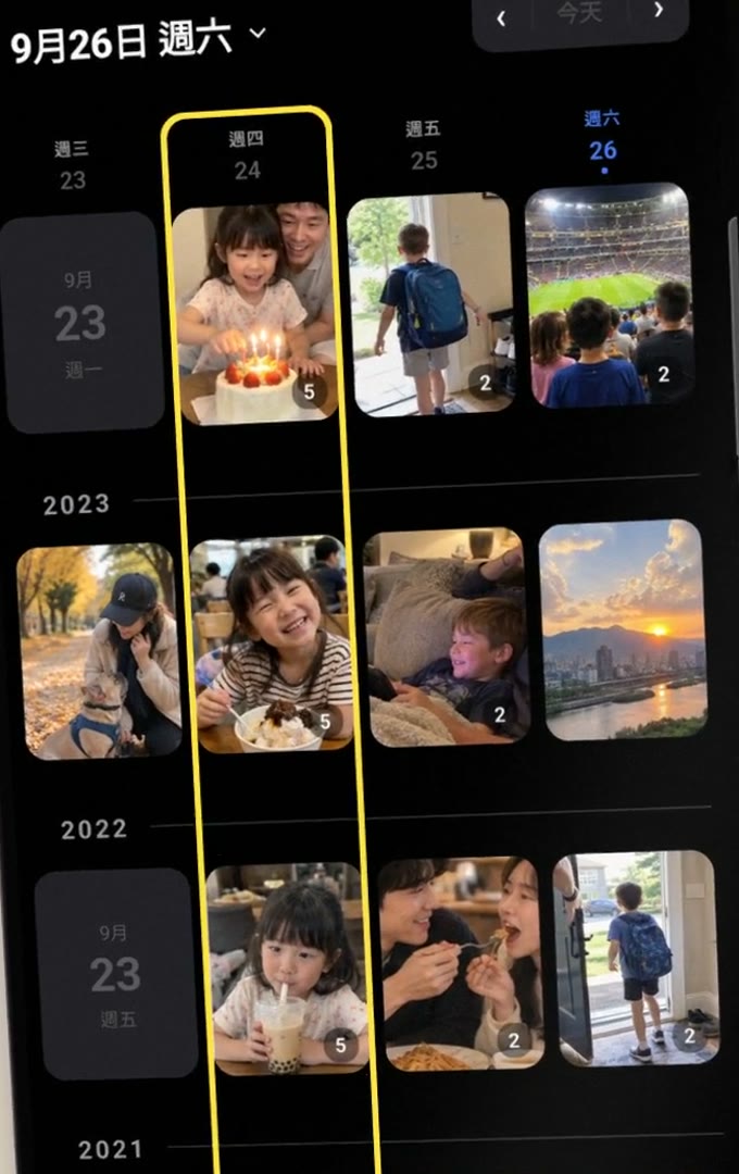 那年今日的週檢視：同一個日期每年排成一列